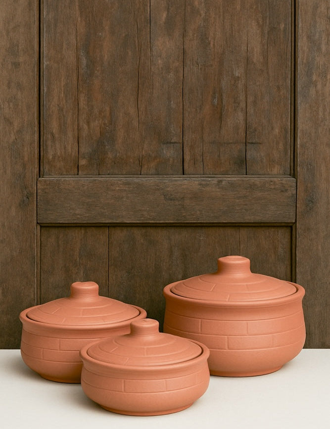Ekaurr Brickline Terracotta Handi Serving Dish set of 3 handmade natural clay handi-form serving dishes with impressed brickline surface detailing crafted by rural Indian artisans, earthy artisan kitchen essentials for curries and traditional dining