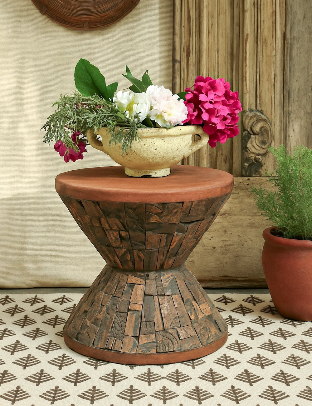 Ekaurr Brown Finish Print Block Dumroo Stool clad with original hand-carved Indian textile printing blocks, sculptural heritage accent seat