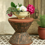 Ekaurr Brown Finish Print Block Dumroo Stool clad with original hand-carved Indian textile printing blocks, sculptural heritage accent seat