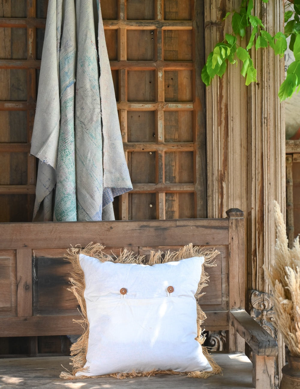 Ekaurr Brown Fringe Cushion Cover set of 2 styled on a sofa showing the fringe edge and warm brown tone in a home setting