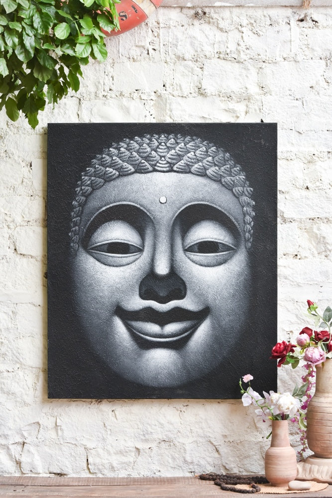 Ekaurr Buddha Bliss painting of a serene smiling Buddha in warm joyful tones with a meditative blissful expression, handcrafted spiritual home decor for meditation corners living rooms and mindful interior spaces