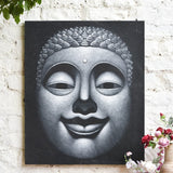 Ekaurr Buddha Bliss painting of a serene smiling Buddha in warm joyful tones with a meditative blissful expression, handcrafted spiritual home decor for meditation corners living rooms and mindful interior spaces