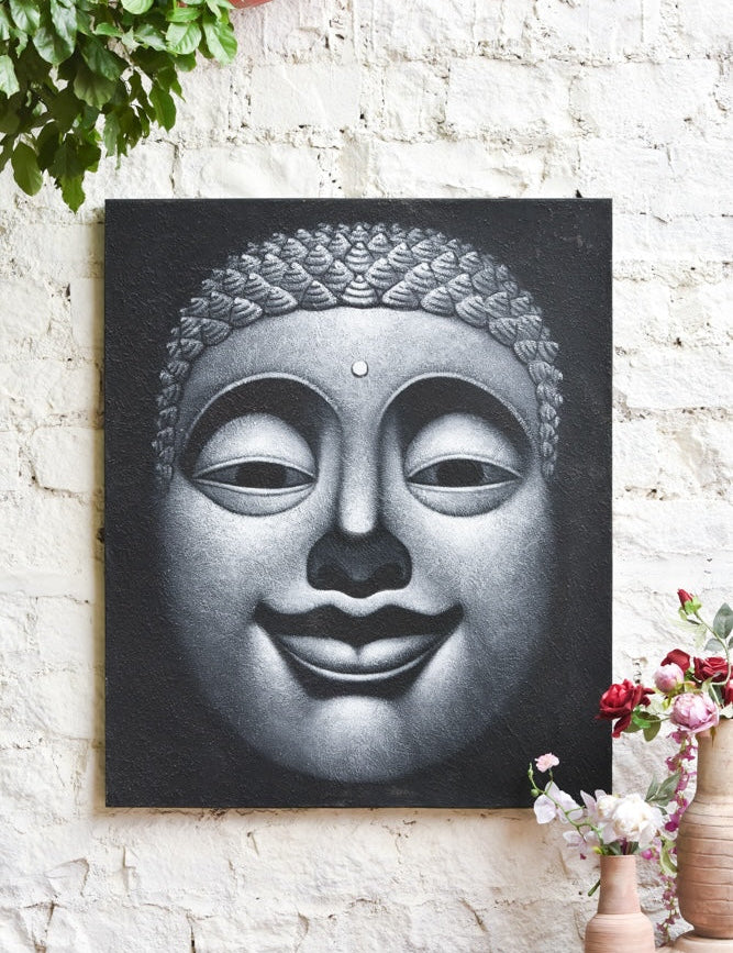 Ekaurr Buddha Bliss painting of a serene smiling Buddha in warm joyful tones with a meditative blissful expression, handcrafted spiritual home decor for meditation corners living rooms and mindful interior spaces