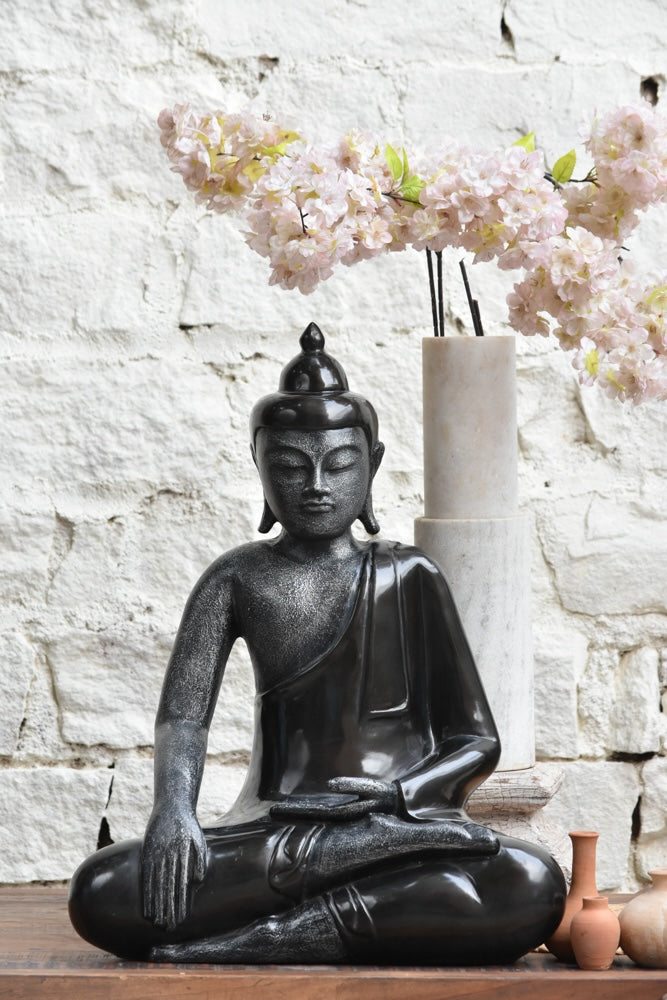 Ekaurr The Meditating Monk Buddha in Dhyana Mudra full seated sculpture in smooth black finish with stone texture contrasts, large spiritual home decor piece for meditation corners and entryways