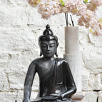 Ekaurr The Meditating Monk Buddha in Dhyana Mudra full seated sculpture in smooth black finish with stone texture contrasts, large spiritual home decor piece for meditation corners and entryways