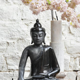 Ekaurr The Meditating Monk Buddha in Dhyana Mudra full seated sculpture in smooth black finish with stone texture contrasts, large spiritual home decor piece for meditation corners and entryways