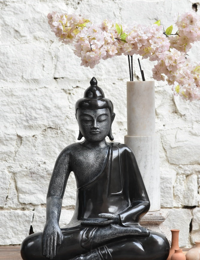 Ekaurr The Meditating Monk Buddha in Dhyana Mudra full seated sculpture in smooth black finish with stone texture contrasts, large spiritual home decor piece for meditation corners and entryways