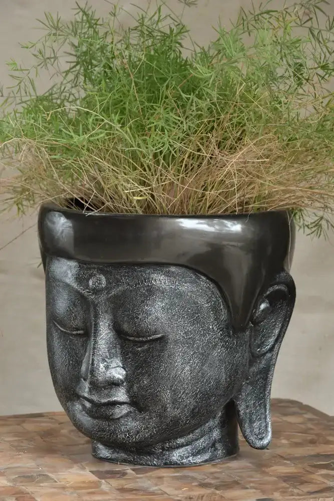 Ekaurr Buddha Head Planters set of 2 in charcoal black finish, serene sculptural Buddha head planter pair for indoor and outdoor use, meditative home decor for balconies and gardens