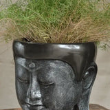 Ekaurr Buddha Head Planters set of 2 in charcoal black finish, serene sculptural Buddha head planter pair for indoor and outdoor use, meditative home decor for balconies and gardens