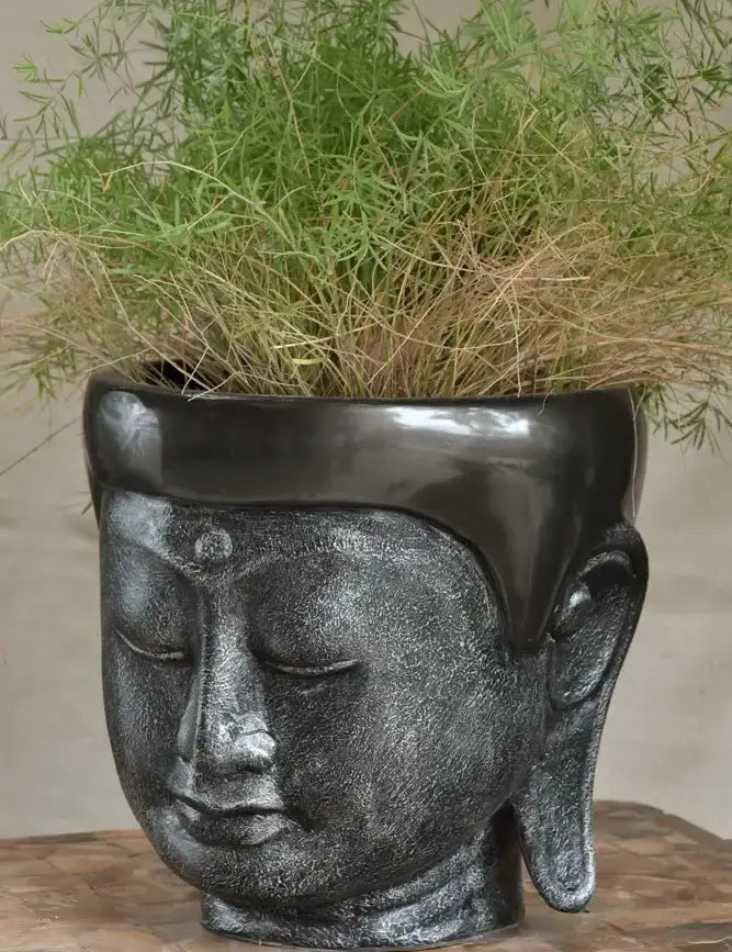 Ekaurr Buddha Head Planters set of 2 in charcoal black finish, serene sculptural Buddha head planter pair for indoor and outdoor use, meditative home decor for balconies and gardens