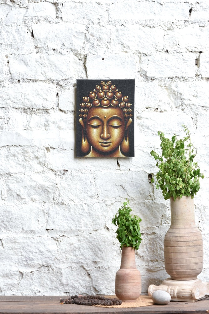Ekaurr Buddha's Silence wall art depicting a serene Buddha in contemplative stillness with soft earthy and neutral tones, handcrafted spiritual home decor for meditation corners living rooms and sacred interior spaces