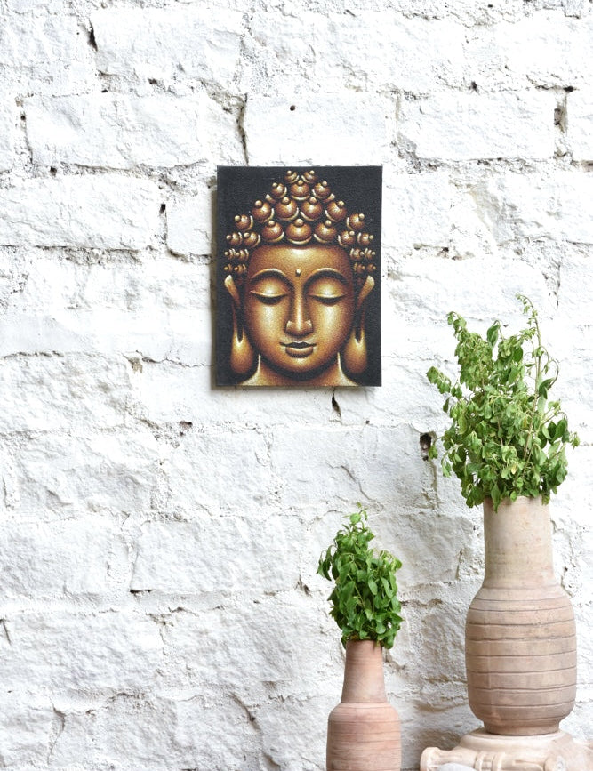 Ekaurr Buddha's Silence wall art depicting a serene Buddha in contemplative stillness with soft earthy and neutral tones, handcrafted spiritual home decor for meditation corners living rooms and sacred interior spaces
