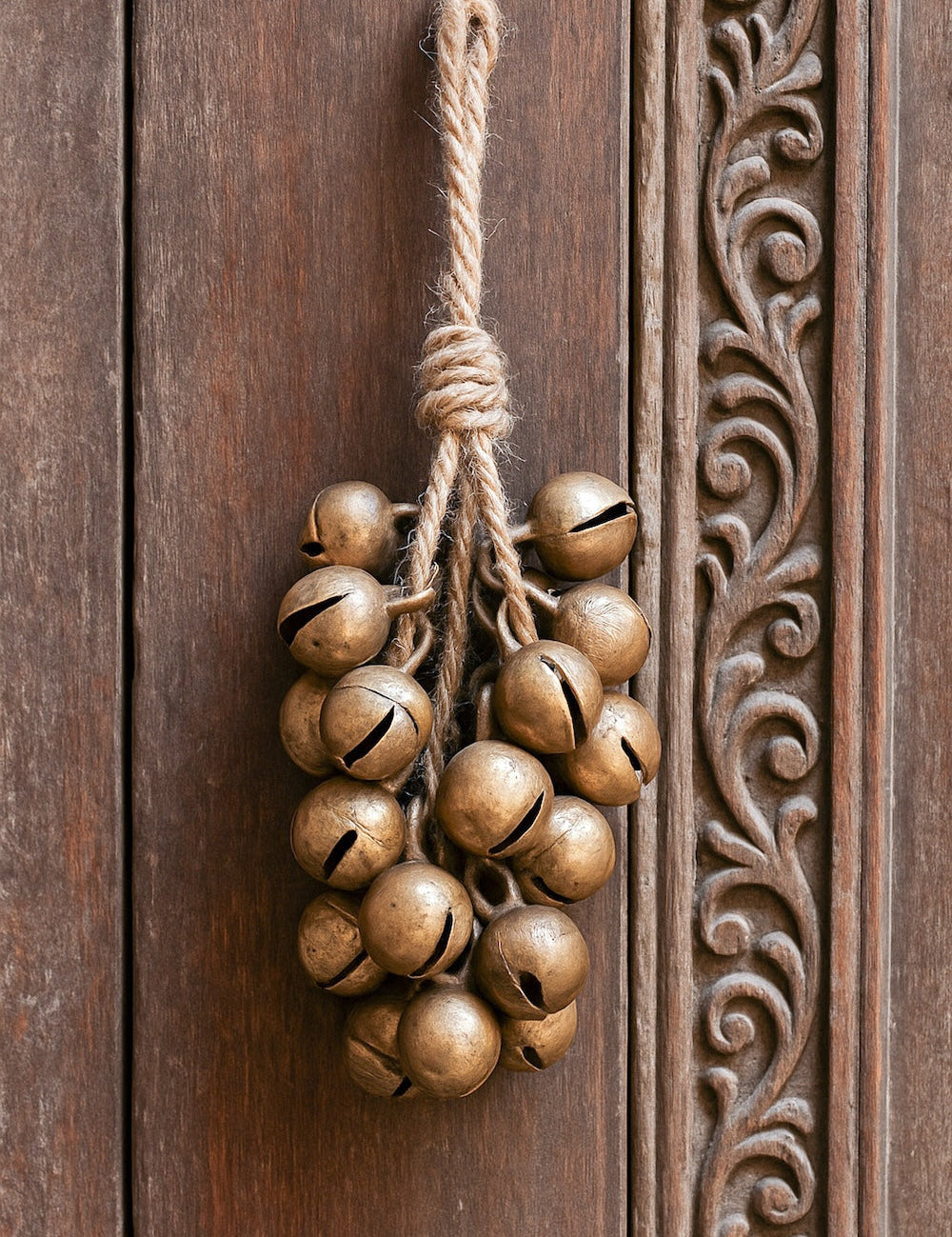 Ekaurr Bunch of 30 Brass Bells Wall Hanging cluster of vintage brass ghungroo bells tied together as a melodic wall hanging, auspicious artisan home decor for entryways altars and festive Indian-inspired home styling