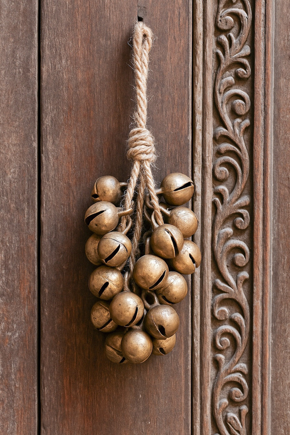 Ekaurr Bunch of 30 Brass Bells Wall Hanging cluster of vintage brass ghungroo bells tied together as a melodic wall hanging, auspicious artisan home decor for entryways altars and festive Indian-inspired home styling
