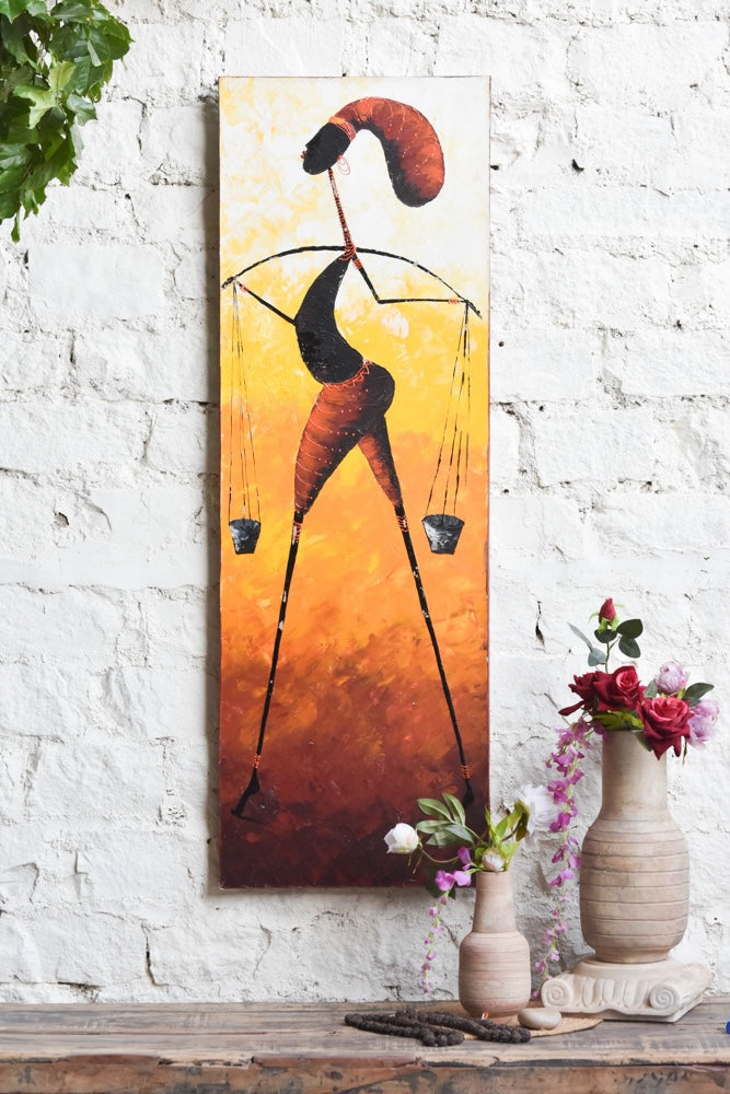 Ekaurr Carrying Grace painting depicting a graceful figure in motion carrying a form or vessel in warm earthy expressive tones, handcrafted figurative home decor for living rooms and artful interior styling
