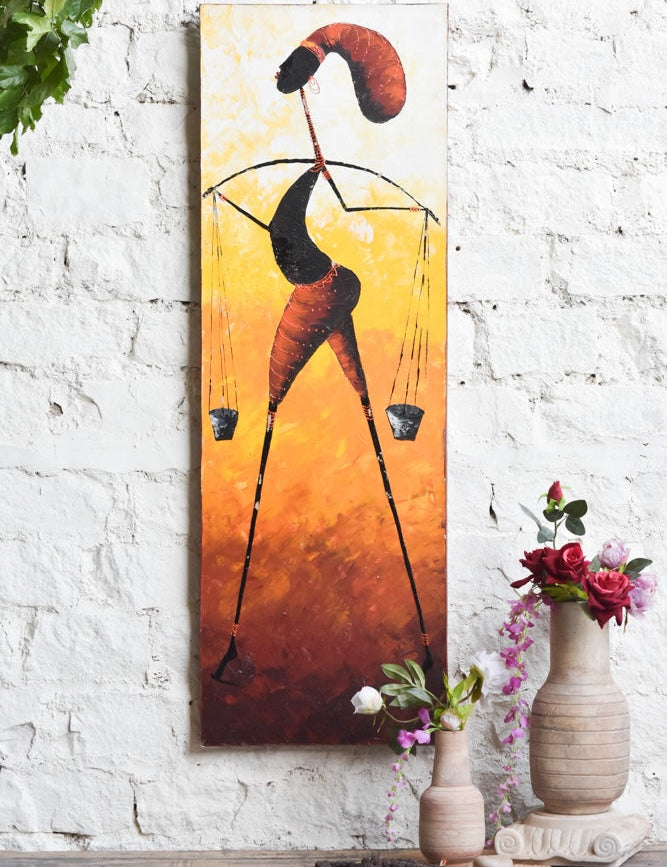 Ekaurr Carrying Grace painting depicting a graceful figure in motion carrying a form or vessel in warm earthy expressive tones, handcrafted figurative home decor for living rooms and artful interior styling