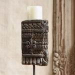 Ekaurr Carved Candle Holder vintage hand-carved wooden piece mounted on iron pipe base with iron candle plate, collectible rustic candle and decorative accent