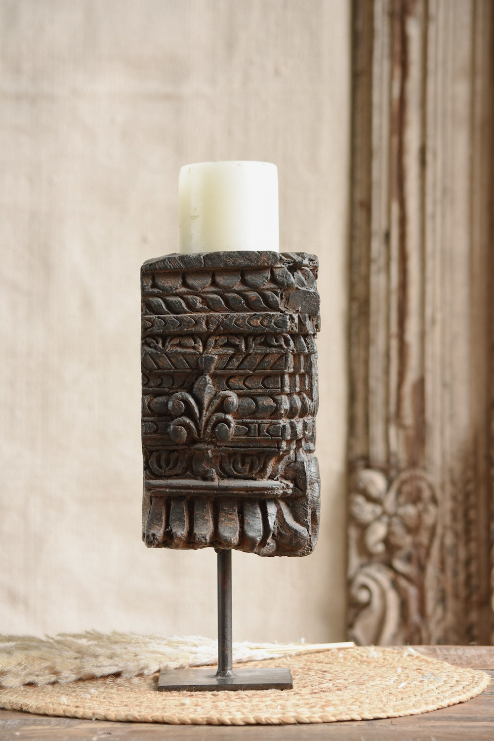 Ekaurr Carved Candle Holder vintage hand-carved wooden piece mounted on iron pipe base with iron candle plate, collectible rustic candle and decorative accent