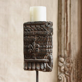 Ekaurr Carved Candle Holder vintage hand-carved wooden piece mounted on iron pipe base with iron candle plate, collectible rustic candle and decorative accent