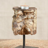 Ekaurr Carved Candle Stand in Distressed Finish with vintage hand-carved wood on iron base, earthy rustic candle holder celebrating aged craftsmanship and natural patina