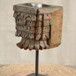 Ekaurr Carved Candle Stand featuring vintage hand-carved wood on sturdy iron pipe and base, rustic heritage candle stand and statement decorative accent piece