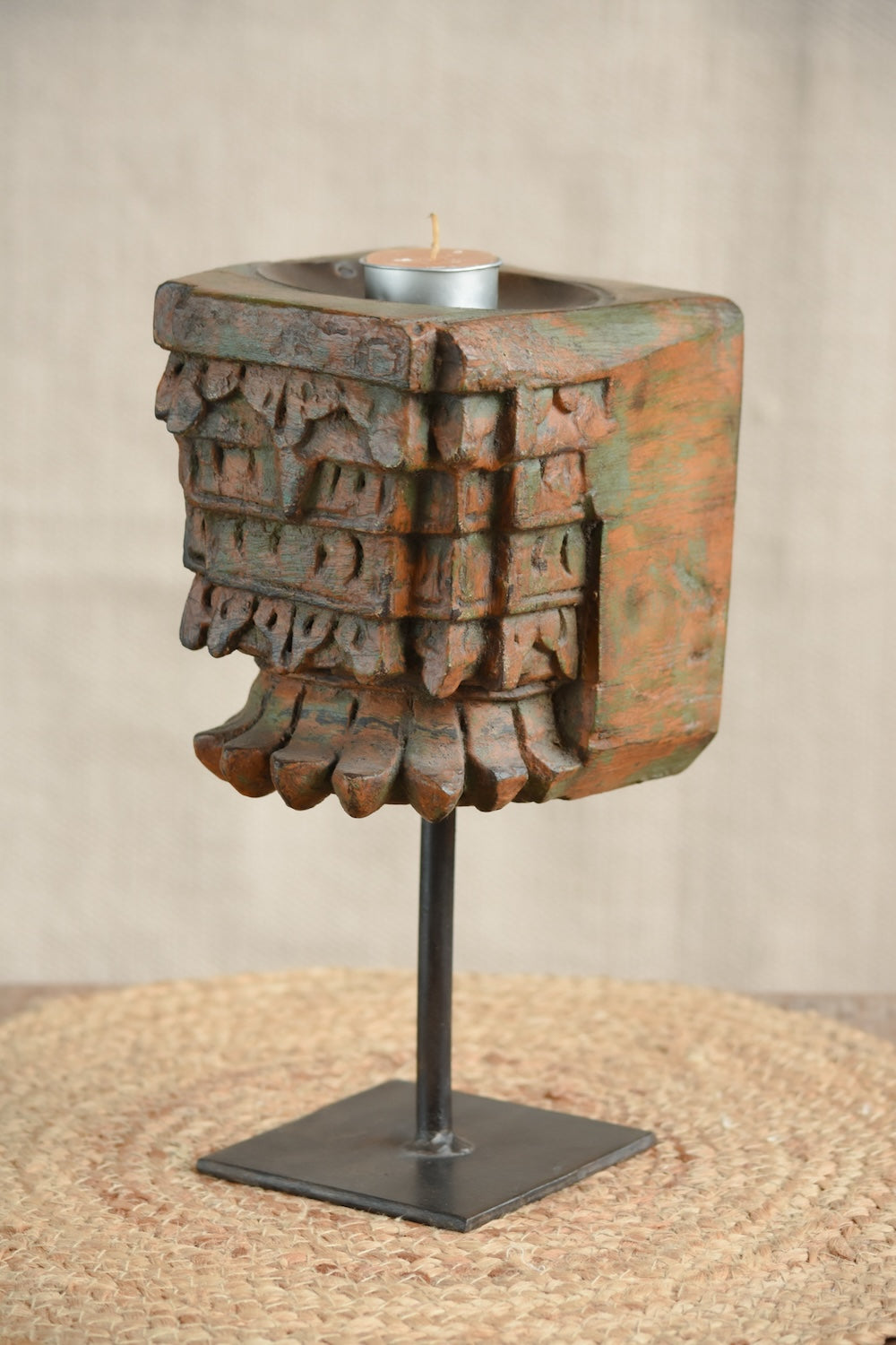 Ekaurr Carved Candle Stand featuring vintage hand-carved wood on sturdy iron pipe and base, rustic heritage candle stand and statement decorative accent piece