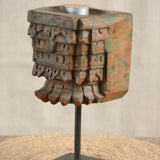 Ekaurr Carved Candle Stand featuring vintage hand-carved wood on sturdy iron pipe and base, rustic heritage candle stand and statement decorative accent piece