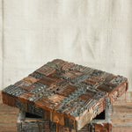 Detail of Ekaurr carved print block box lid showing intricate hand-carved floral and geometric motifs