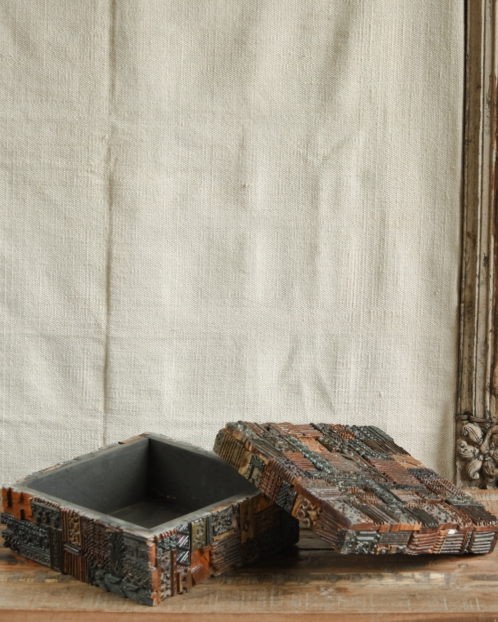 Detail of Ekaurr carved print block box lid showing intricate hand-carved floral and geometric motifs