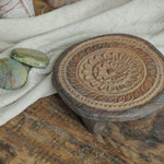 Ekaurr Carving Chaklota with Flower Design close-up showing hand-chiselled floral motif carving across the wooden surface