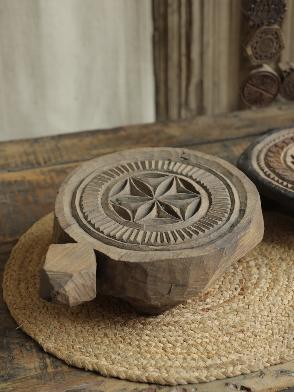 Ekaurr Carving Chaklota with Mandala Design traditional flat wooden chaklota board with hand-carved mandala pattern surface, rustic artisan decor riser or display accent