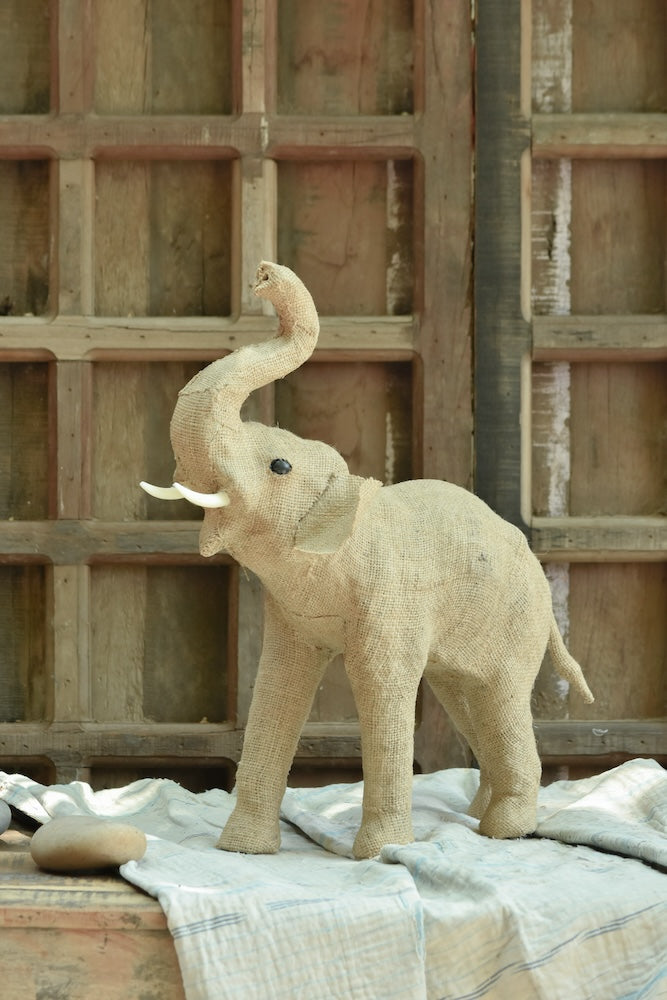 Ekaurr Celebration Elephant handcrafted jute sculpture of a festively adorned elephant in a celebratory pose, earthy natural fibre animal figurine for home decor and gifting