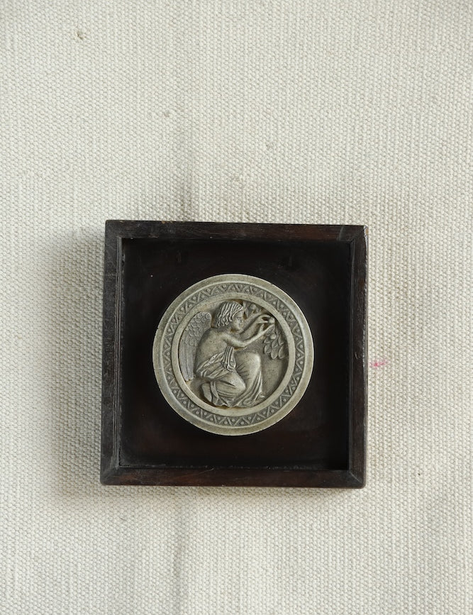 Ekaurr Ceramic Tile Wall Art – The Angelic Harpist, vintage-style embossed ceramic medallion in rich wooden shadowbox frame, European old-world sculptural wall décor