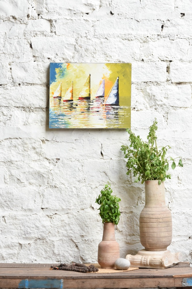 Ekaurr Chasing the Sun wall art with a radiant sun-chasing composition in warm amber gold and vibrant orange tones, handcrafted expressive home decor for living rooms and energy-filled interior styling