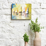 Ekaurr Chasing the Sun wall art with a radiant sun-chasing composition in warm amber gold and vibrant orange tones, handcrafted expressive home decor for living rooms and energy-filled interior styling