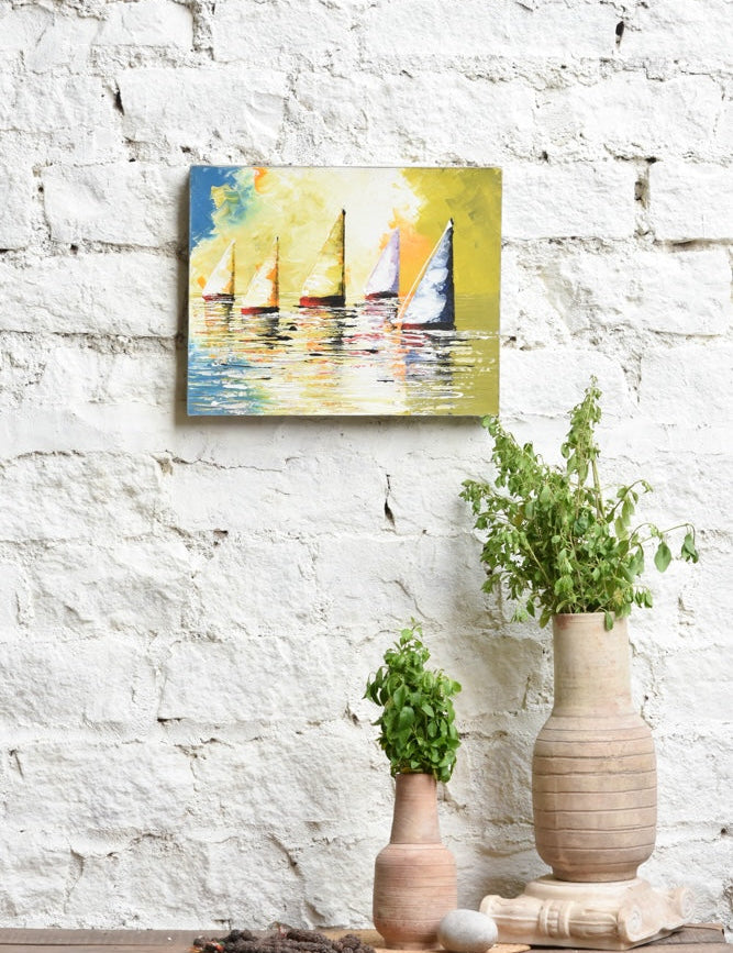 Ekaurr Chasing the Sun wall art with a radiant sun-chasing composition in warm amber gold and vibrant orange tones, handcrafted expressive home decor for living rooms and energy-filled interior styling