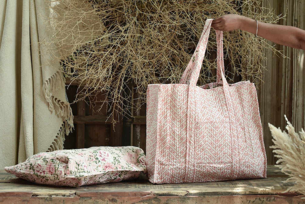 Ekaurr Chevron Carry Tote Bag handcrafted quilted cotton tote with a bold chevron zigzag pattern in contrast tones, artisan Indian textile bag for everyday use and graphic contemporary conscious styling