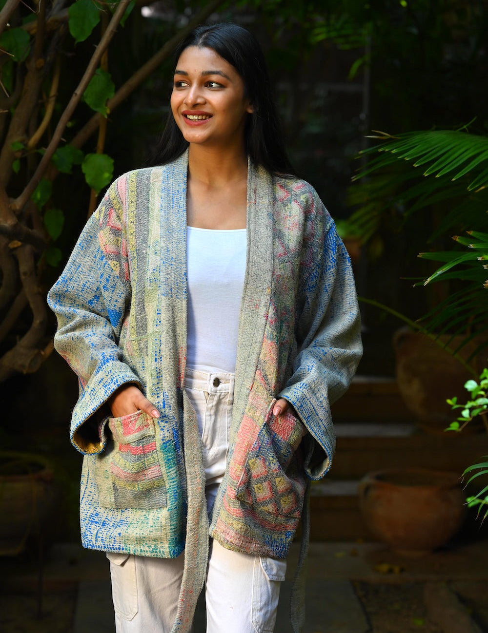 Ekaurr BIGDI Chroma Threads Jacket cotton quilted jacket in a vibrant spectrum of chromatic thread print panels, artisan slow fashion outerwear for women from the BIGDI Blazers Coats and Robes collection