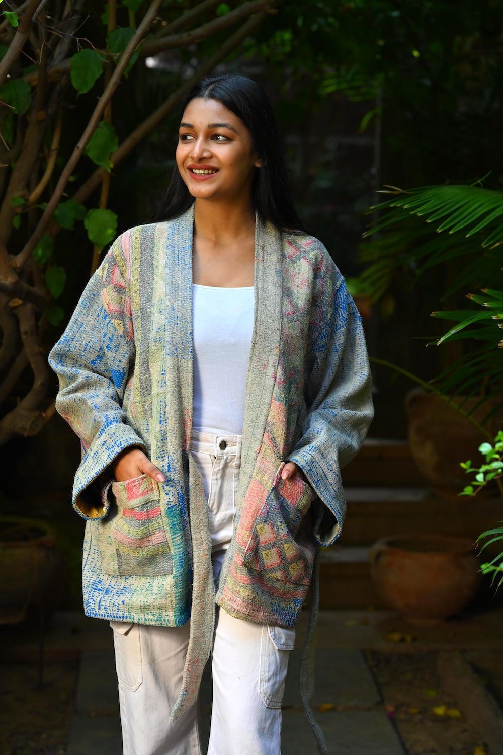 Ekaurr BIGDI Chroma Threads Jacket cotton quilted jacket in a vibrant spectrum of chromatic thread print panels, artisan slow fashion outerwear for women from the BIGDI Blazers Coats and Robes collection