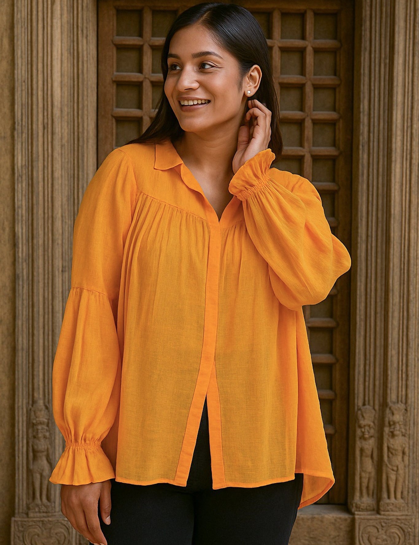 Ekaurr BIGDI Citrus Glow Cotton Top finest cotton summer top in fresh citrus yellow or orange with a glowing vibrant character, artisan slow fashion top for women from the BIGDI summer collection