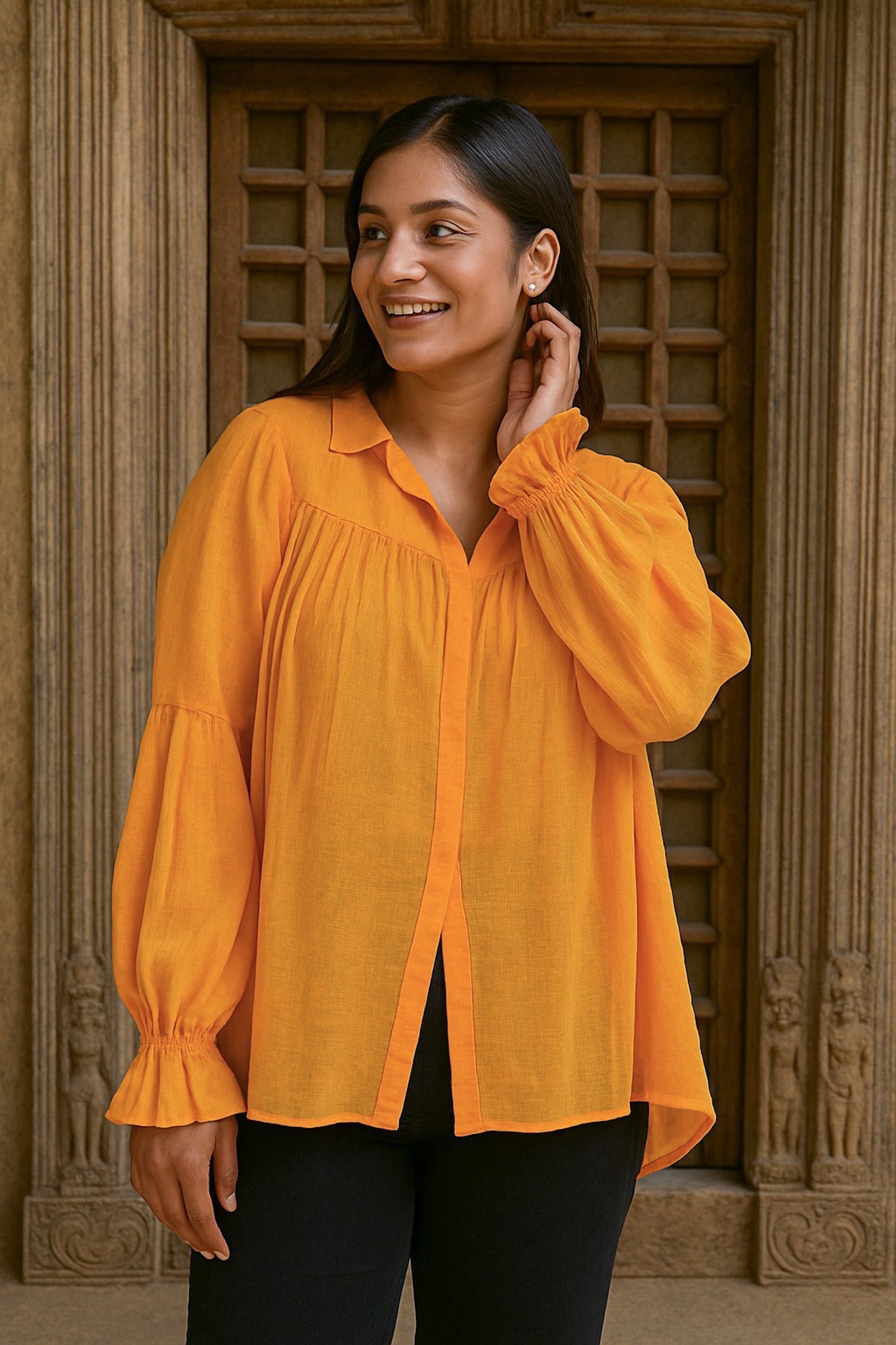 Ekaurr BIGDI Citrus Glow Cotton Top finest cotton summer top in fresh citrus yellow or orange with a glowing vibrant character, artisan slow fashion top for women from the BIGDI summer collection