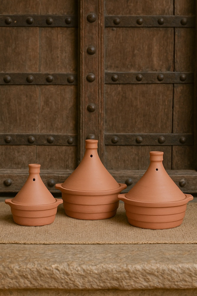 Ekaurr Classic Tagine Serving Dish set of 3 handmade natural clay tagine-form serving dishes with conical lid shape crafted by rural Indian artisans, earthy artisan kitchen essentials for slow-cooked dishes and globally inspired conscious dining