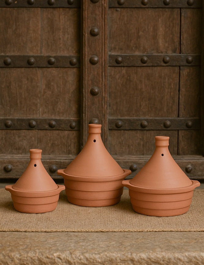 Ekaurr Classic Tagine Serving Dish set of 3 handmade natural clay tagine-form serving dishes with conical lid shape crafted by rural Indian artisans, earthy artisan kitchen essentials for slow-cooked dishes and globally inspired conscious dining