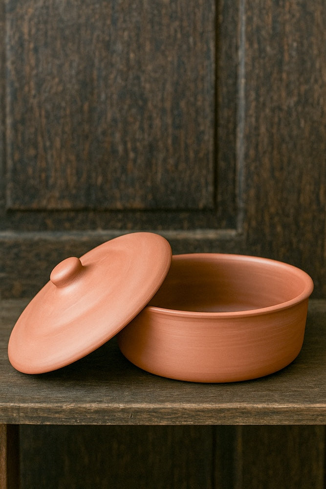 Ekaurr Clay Casserole Serving Dish with Lid handmade natural clay lidded casserole dish crafted by rural Indian artisans, earthy oven-to-table artisan kitchen essential for slow-cooked dishes and conscious home dining