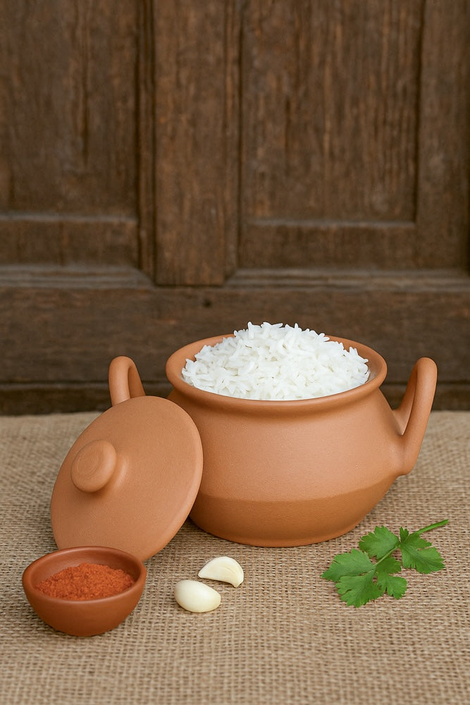 Ekaurr Clay Rice Pot with Lid set of 3 handmade natural clay lidded pots for cooking and serving rice crafted by rural Indian artisans, earthy artisan kitchen essentials for traditional rice preparation and oven-to-table dining