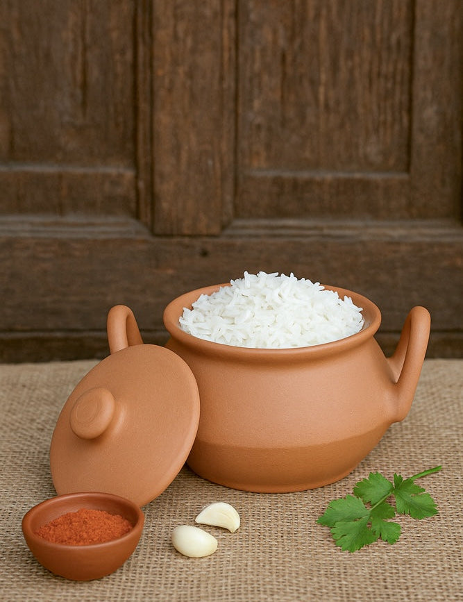 Ekaurr Clay Rice Pot with Lid set of 3 handmade natural clay lidded pots for cooking and serving rice crafted by rural Indian artisans, earthy artisan kitchen essentials for traditional rice preparation and oven-to-table dining