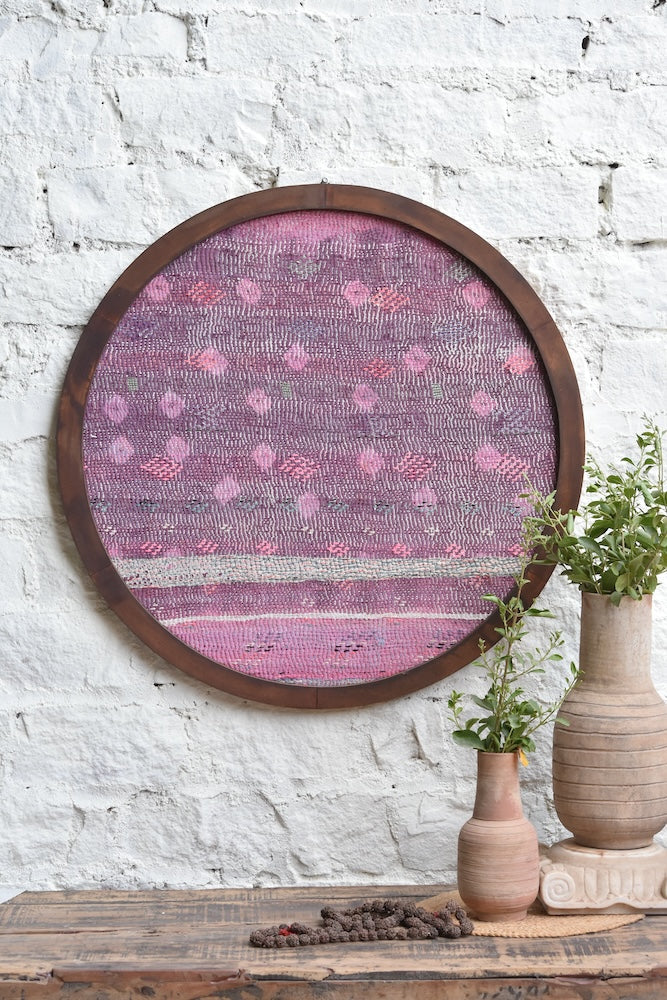 Ekaurr Cloth Story Wall Art – handmade Kantha stitch fabric panel in a vintage wooden strip frame, artisanal Indian textile wall hanging