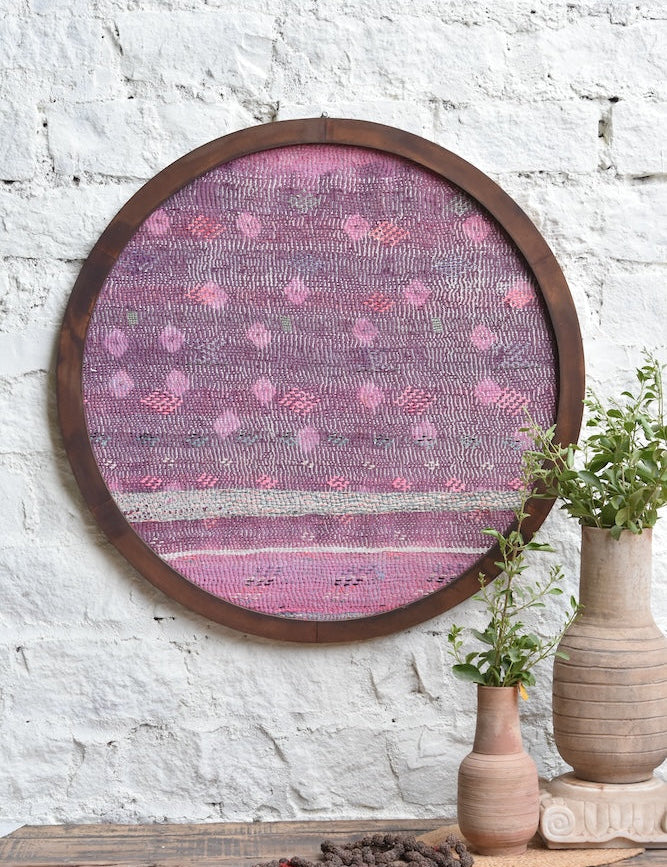 Ekaurr Cloth Story Wall Art – handmade Kantha stitch fabric panel in a vintage wooden strip frame, artisanal Indian textile wall hanging