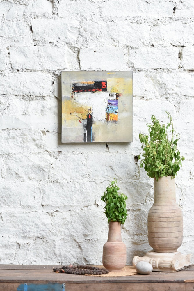 Ekaurr Code No 3 abstract painting with a structured coded mark-making composition in graphic tones, handcrafted conceptual canvas art for contemporary living rooms offices and curated home interiors