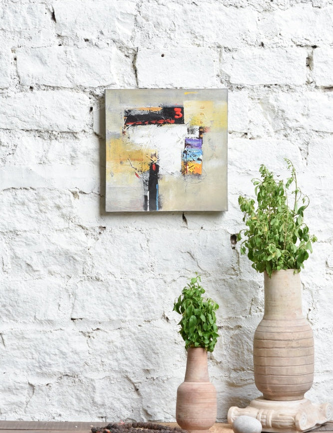 Ekaurr Code No 3 abstract painting with a structured coded mark-making composition in graphic tones, handcrafted conceptual canvas art for contemporary living rooms offices and curated home interiors